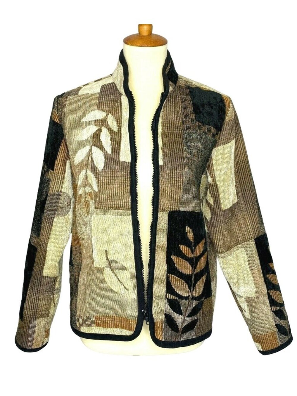 Vtg Coldwater Creek Womens Block Sweater Jacket Sz M Full Zip Brown Black Leaves